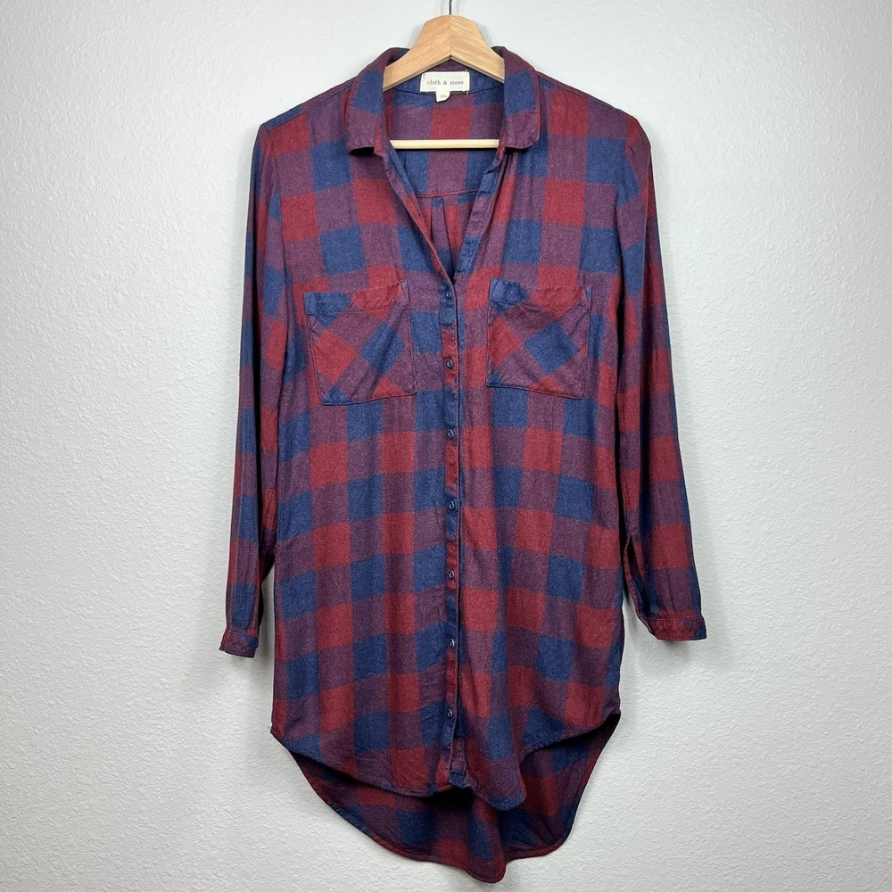 Cloth & Stone Red Plaid Oversized Long Sleeve Flannel‎ Dress Womens Size XS Soft